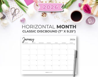 2026 Horizontal Monthly Planner Printable On One Page in Classic Happy Planner Size