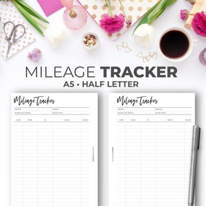 Mileage Tracker Printable Insert A5 & Half Letter | Minimal Work Trip Miles/Kilometers Tracker Pages