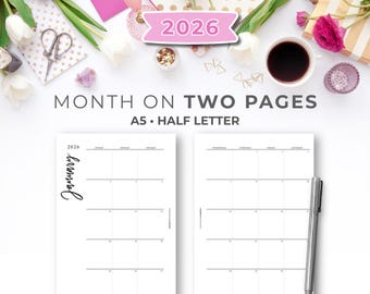 2026 Minimal A5 & Half Letter Printable Monthly Calendar Insert On Two Pages
