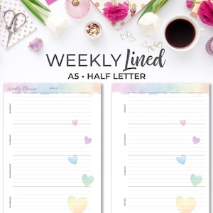 May include: A weekly planner with a rainbow watercolour background. The planner is divided into seven sections for each day of the week, with lined spaces for writing. The planner is A5 size and has the text "Weekly Planner" and "WEEKLY Lined A5 HALF LETTER" printed on it.
