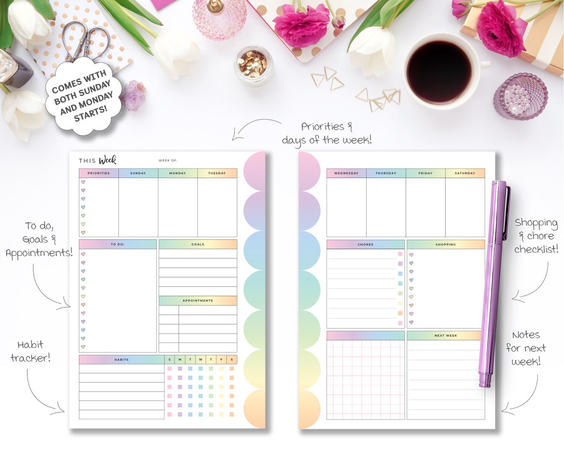 Week on 2 Pages Planner A6 Inserts Rainbow Printable Weekly Etsy