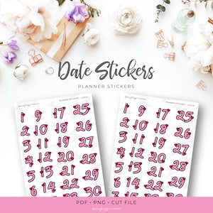 Puede incluir: Una hoja de pegatinas para planificadores con los números del 1 al 30 en rosa y blanco con un diseño de corazón. Las pegatinas están etiquetadas como "Number Stickers - Large".