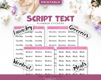 Printable Script Text Planner Stickers - Laundry, Groceries, Workout, Meals - Instant Download