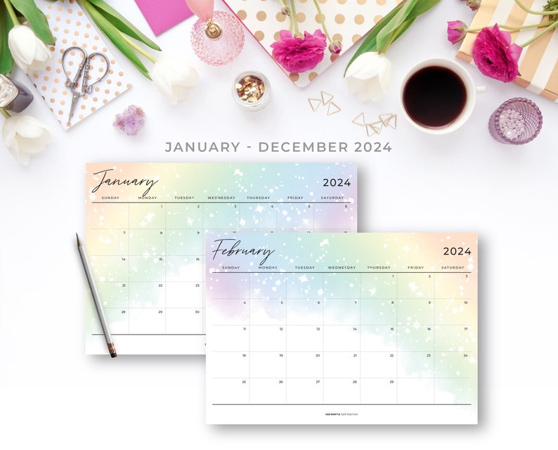 2024 Horizontal Monthly Planner Inserts for Classic Happy Planner 2024 Rainbow Printable Monthly Calendar Insert On 1 Page image 2