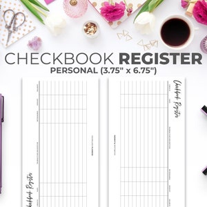Może przedstawiać: Dwie białe strony z czarnymi liniami siatki i tekstem "Checkbook Register" u góry. Strony mają wymiary 9,5 cm x 17,1 cm. Po lewej stronie obrazu znajduje się fioletowy długopis.