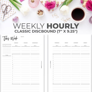 May include: A weekly hourly planner with a white background and black text. The planner is 7 inches by 9.25 inches and has a classic discbound design. The planner has a section for each day of the week, with space for hourly scheduling and a to-do list.