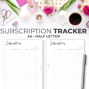 May include: Printable subscription tracker in A5 or half letter size. The tracker has columns for subscription name, amount, date due, and notes. The tracker is designed to help you keep track of your monthly subscriptions.