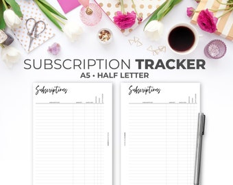 Subscription Membership Tracker Insert A5 & Half Letter | Printable Minimal Monthly Subscription Checklist