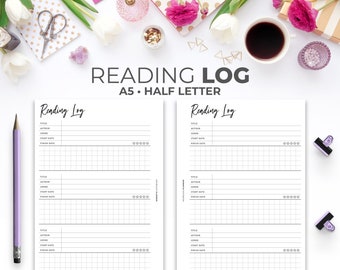 Reading Log Printable Insert A5, Half Letter | Minimal Book Tracker & Review Planner Pages