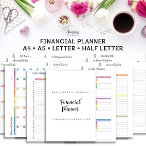 May include: A set of printable financial planner pages in A4, A5, Letter, and Half Letter sizes. The pages are designed to help you track your bills, savings, budget, and other financial goals. The pages are decorated with colorful dots and lines.
