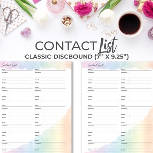 May include: Two pages of a contact list with a watercolor rainbow background. The pages are labeled "Contact List" and are designed for a classic discbound planner. The pages are 7 inches by 9.25 inches.
