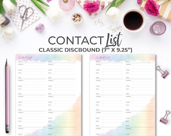 Contact List Insert for Classic Happy Planner  | Printable Watercolor Address Book Phone Number Tracker Pages Classic Discbound 7&quot; X 9.25&quot;