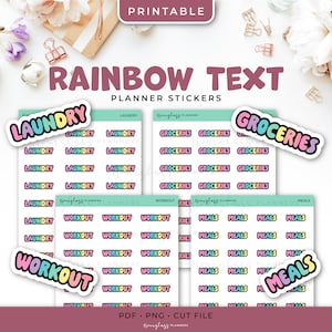 Pegatinas imprimibles del planificador de texto del arco iris - lavandería, comestibles, entrenamiento, comidas - Descarga instantánea