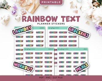 Printable Rainbow Text Planner Stickers - Laundry, Groceries, Workout, Meals - Instant Download