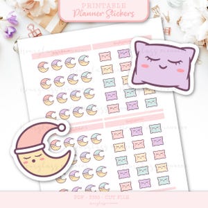 Autocollants imprimables de planificateur de sommeil | Stickers lune kawaii et coussin | Autocollants mignons de routine nocturne