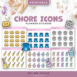 Druckbare Kawaii Putzlappen Aufkleber - Schwamm, Mülleimer, Papierkorb, Sprühflasche, Besen, Eimer - Planer Sticker - Sofort Download