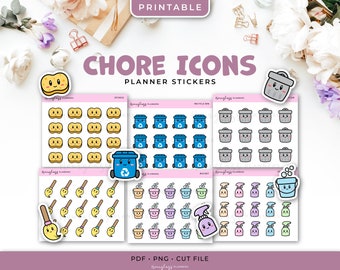 Printable Kawaii Cleaning Chore Stickers - Sponge, Trash Can, Recycle Bin, Spray Bottle, Broom, Bucket - Planner Stickers - Instant Download