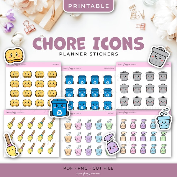 Printable Kawaii Cleaning Chore Stickers - Sponge, Trash Can, Recycle Bin, Spray Bottle, Broom, Bucket - Planner Stickers - Instant Download