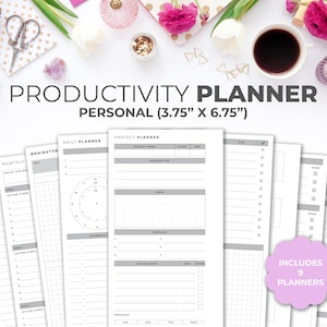 May include: A set of nine printable productivity planner pages in black and white. The pages include a daily planner, project planner, to-do list, monthly list, and brainstorming pages. The pages are designed to help you stay organized and on track with your goals. The text on the image reads "Productivity Planner Personal (3.75" x 6.75")" and "Includes 9 Planners".