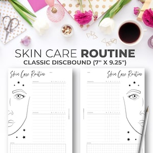 Può includere: Pianificatore stampabile in bianco e nero con il testo "Skin Care Routine" e un'illustrazione stilizzata di un viso con stelle. Il pianificatore è progettato per un sistema di rilegatura a disco classico e misura 17,8 cm per 23,5 cm.