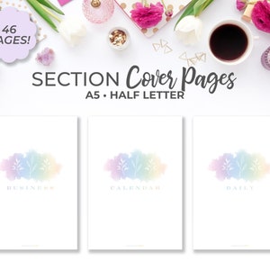 Planer Abschnitt Deckblatt Einlagen A5 & Half Letter | Regenbogen Aquarell Floral Printable Titel Dashboard Cover Page Inserts