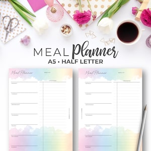 May include: Two printable meal planner pages with a watercolour rainbow background. The pages are labelled "Meal Planner" and have space for writing in the days of the week, meals, and groceries.