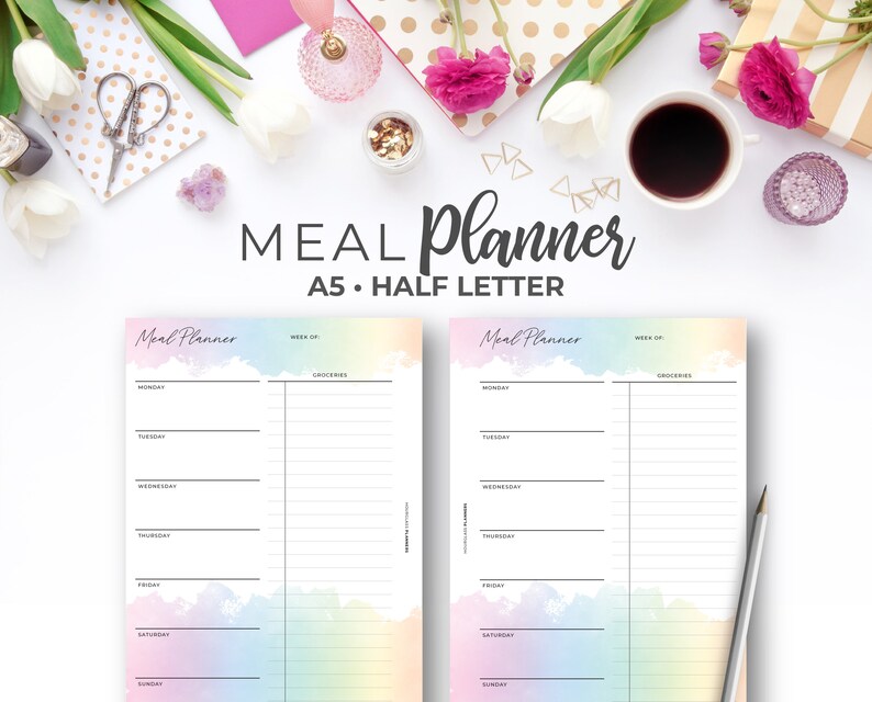Meal Planner Insert A5 & Half Letter | Printable Rainbow Weekly Menu ...