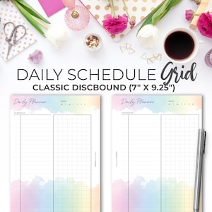 May include: Two blank daily planner pages with a pastel rainbow watercolor background. The pages are labeled "Daily Planner" and have a section for "Schedule" and a section for "Date". The pages are 7 inches by 9.25 inches.