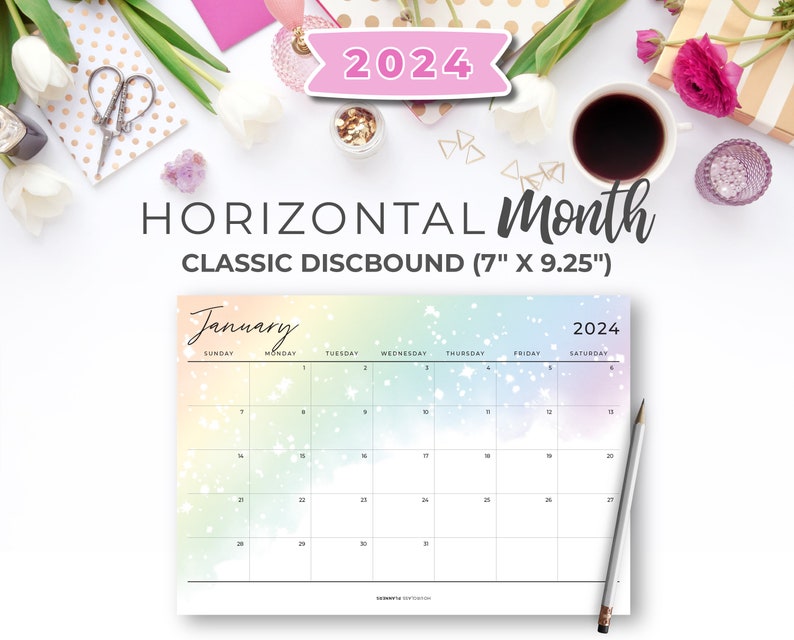 2024 Horizontal Monthly Planner Inserts for Classic Happy Planner 2024 Rainbow Printable Monthly Calendar Insert On 1 Page image 1