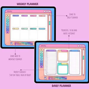 May include: Digital weekly and daily planner interface on a tablet. The weekly planner displays a grid for each day, while the daily planner shows an hourly schedule, notes, and to-do sections. The interface has a retro aesthetic with pastel colors and text labels.
