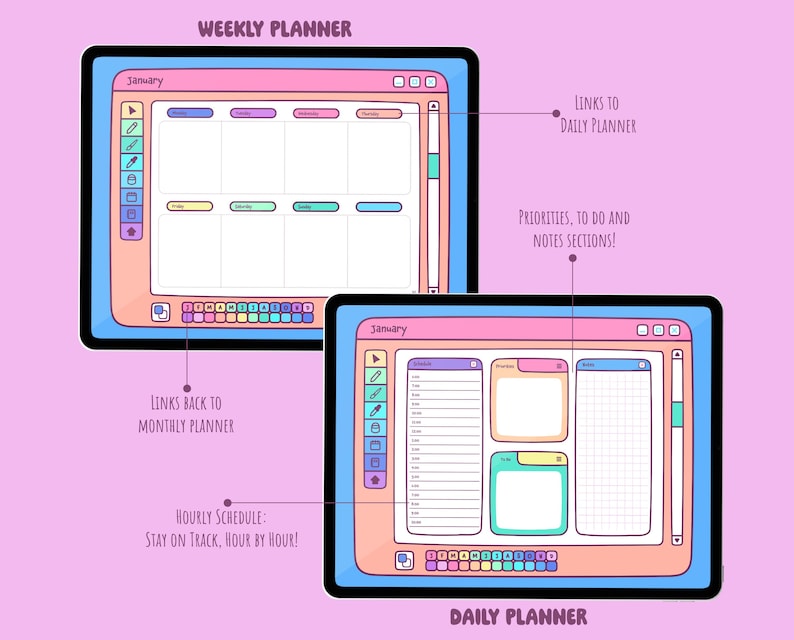 May include: Digital weekly and daily planner interface on a tablet. The weekly planner displays a grid for each day, while the daily planner shows an hourly schedule, notes, and to-do sections. The interface has a retro aesthetic with pastel colors and text labels.