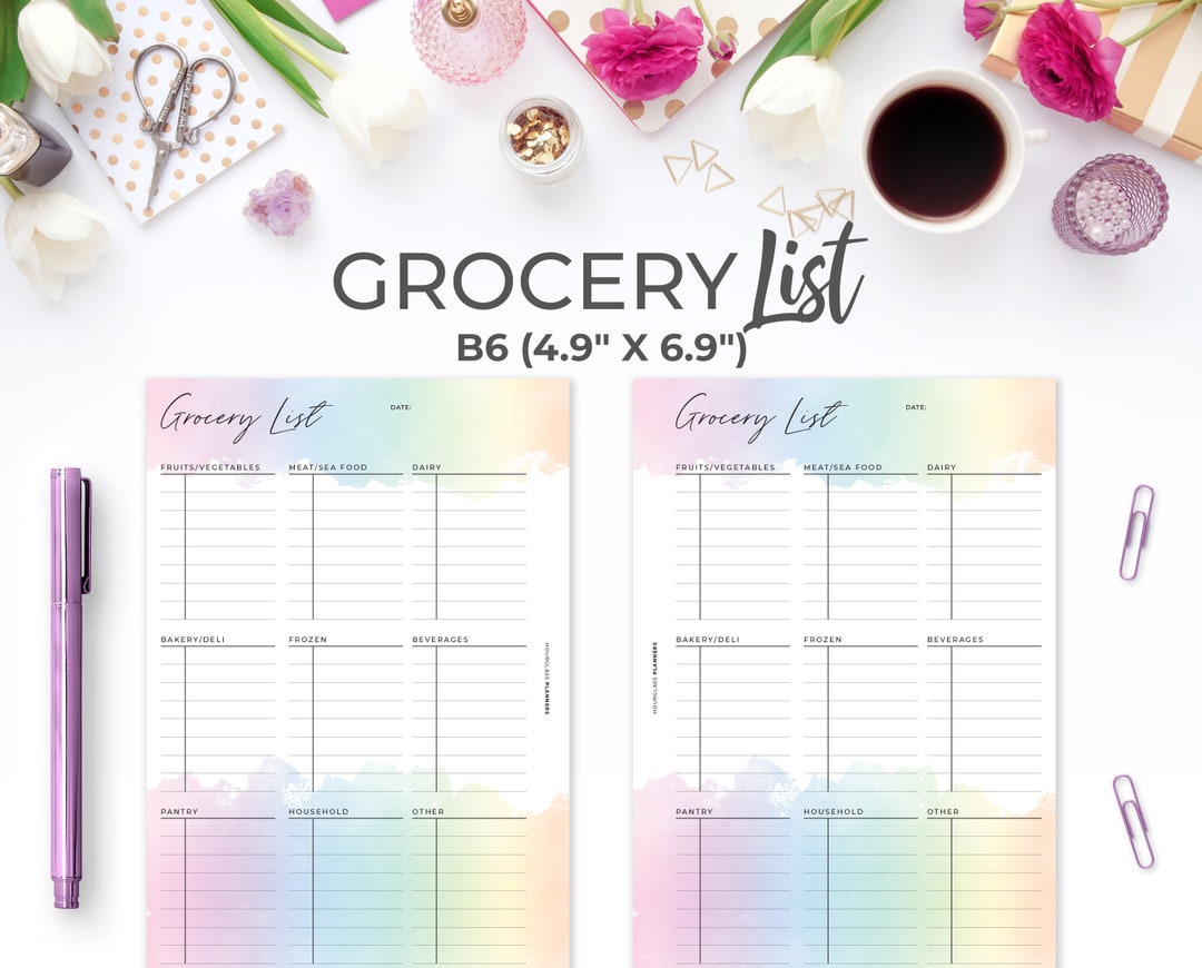 B6 Grocery List Printable Template Inserts Rainbow Monthly/weekly ...