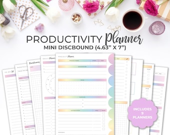 Productivity Planner Bundle Inserts for Mini Happy Planner | Rainbow Project and Goal Planner Pages Kit Mini Discbound 4.63" X 7"