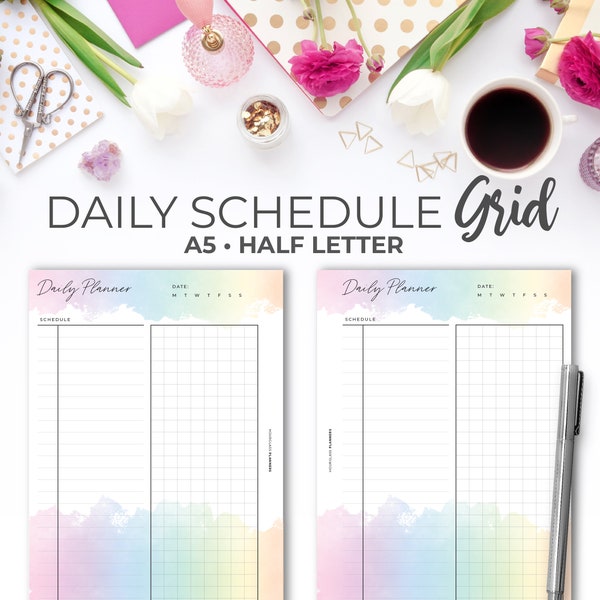 Daily Planner Inserts Untimed A5 & Half Letter | Printable Rainbow Daily Schedule with Grid Section