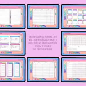 May include: A digital planner with a retro computer aesthetic. The planner features various templates, including to-do lists, expense trackers, and habit trackers. The text reads: "Unleash Your Unique Planning Style!"