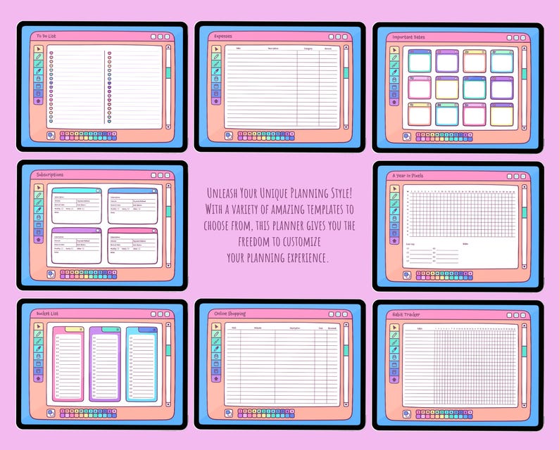 May include: A digital planner with a retro computer aesthetic. The planner features various templates, including to-do lists, expense trackers, and habit trackers. The text reads: "Unleash Your Unique Planning Style!"
