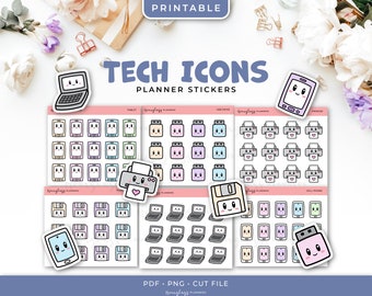 Printable Technology Icon Planner Stickers - Laptop, Cell Phone, Tablet, USB Drive, Printer, Floppy Disk, Instant Download