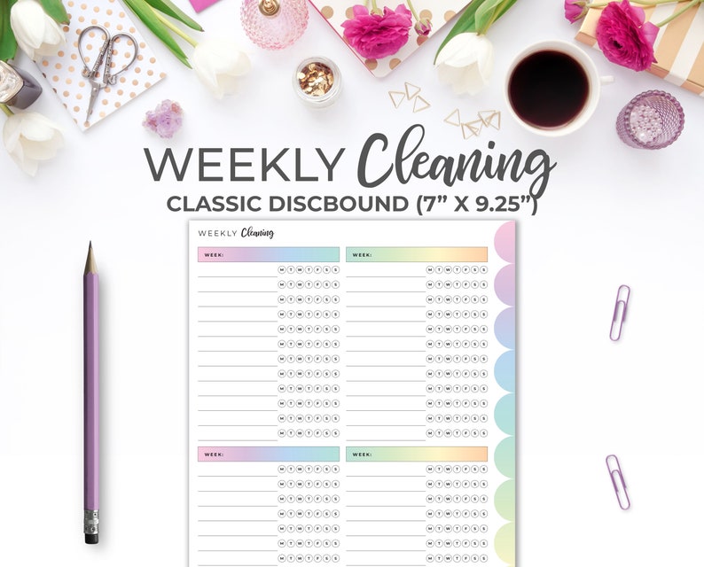 May include: A weekly cleaning checklist printable with pastel colored circles and a gradient background. The printable is titled "WEEKLY Cleaning CLASSIC DISCBOUND (7" X 9.25")" and has the words "WEEKLY Cleaning" at the top.