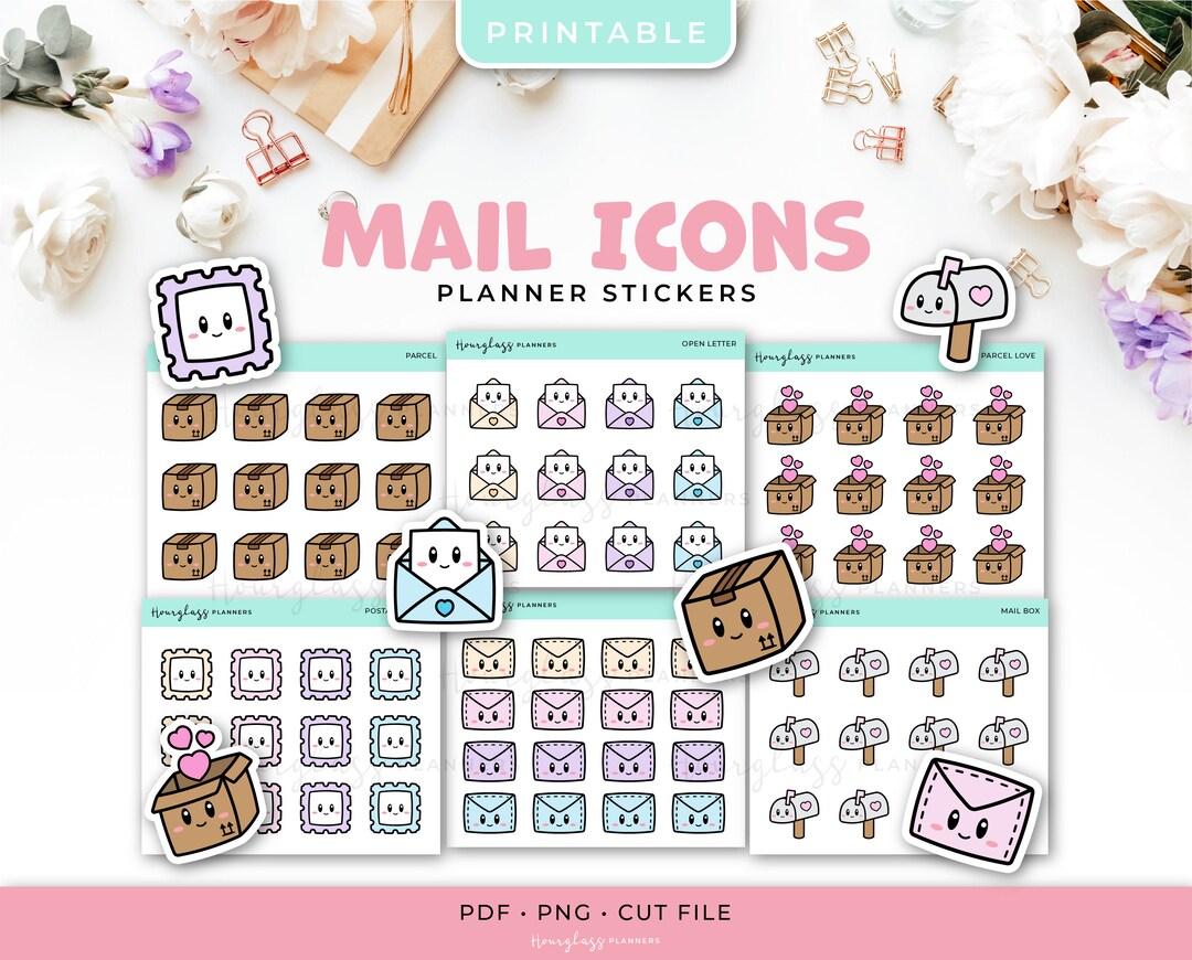 Printable Kawaii Mail Icon Stickers Parcels, Letter Mail, Postage Stamp ...