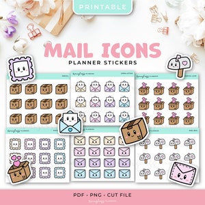Druckbare Kawaii Mail Symbol Aufkleber - Pakete, Briefpost, Briefmarke, Postkasten - Planer Aufkleber - Sofort Download
