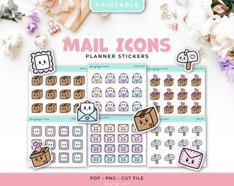 Printable Kawaii Mail Icon Stickers - Parcels, Letter Mail, Postage Stamp, Mailbox - Planner Stickers - Instant Download