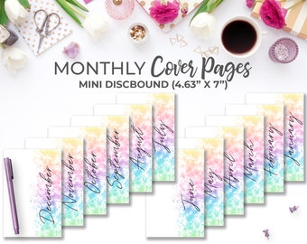 Monthly Cover Page Inserts for Mini Happy Planner | Printable Rainbow Watercolor Script Monthly Dashboard Divider Planner Pages 4.63" X 7"