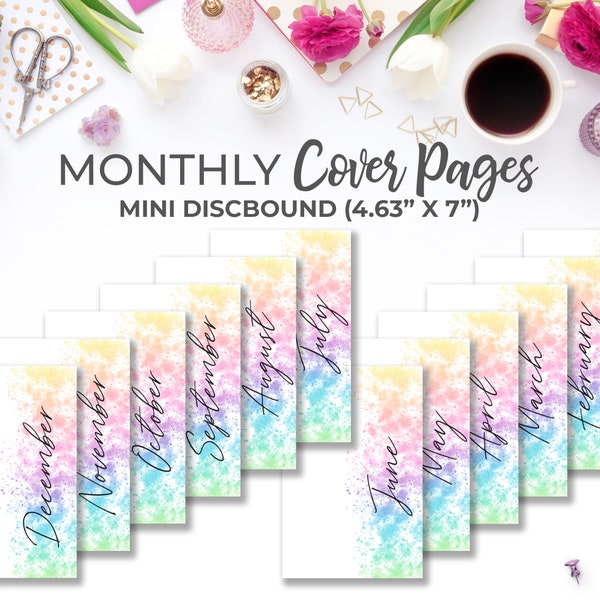 Monatliche Deckblatteinlagen für Mini Happy Planner | Druckbare Regenbogen Aquarell Skript monatlich Dashboard Divider Planer Seiten 4,63 "X 7"