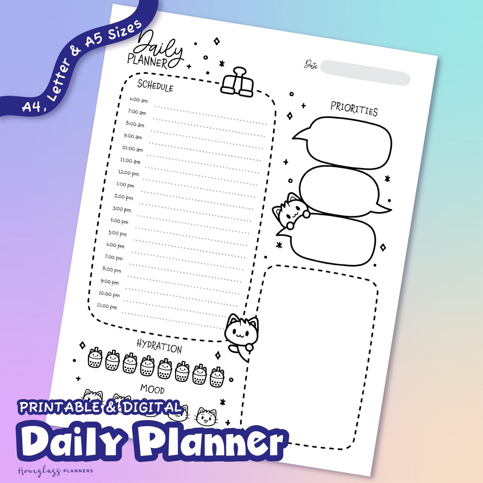 Kawaii Cat Daily Planner PDF, Printable & Digital Planner | A4, A5 ...