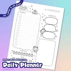 Planificador diario de gatos kawaii (PDF, imprimible y digital) / Tamaños A4, A5 y carta, páginas organizadoras de gatitos en blanco y negro