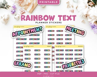 Printable Rainbow Text Planner Stickers - Appointment, Meeting, Errand, Priorities, Instant Download