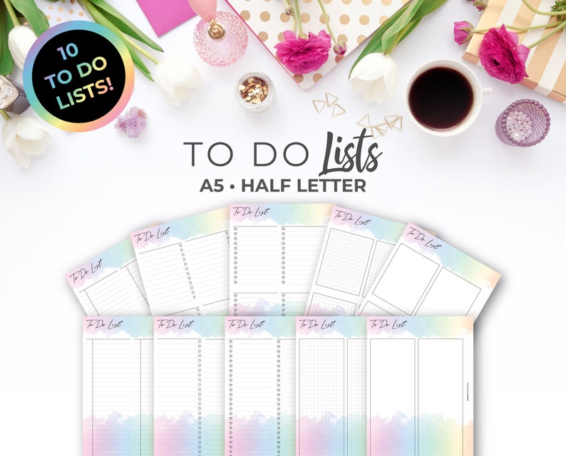 To Do List Inserts A5 & Half Letter | Rainbow Printable Checklist ...