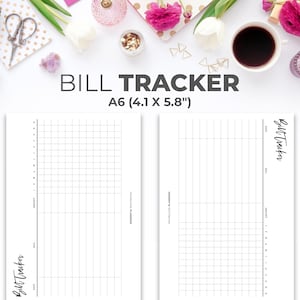 May include: A6 bill tracker with the text "BILL TRACKER" and dimensions of 4.1 x 5.8 inches. The planner has a grid layout for tracking bills, with sections for date, title, amount, and notes. The design is minimalist.