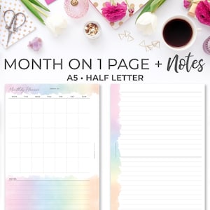A5 y media letra mes en una página Planificador Insertar / Arco iris imprimible Calendario mensual sin fecha Insertar en 1 página + Notas