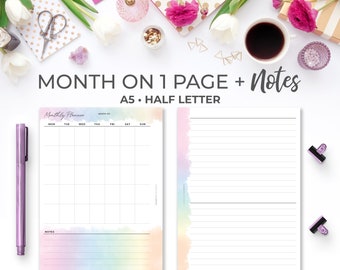 A5 & Half Letter Month on One Page Planner Insert | Rainbow Printable Undated Monthly Calendar Insert On 1 Page + Notes